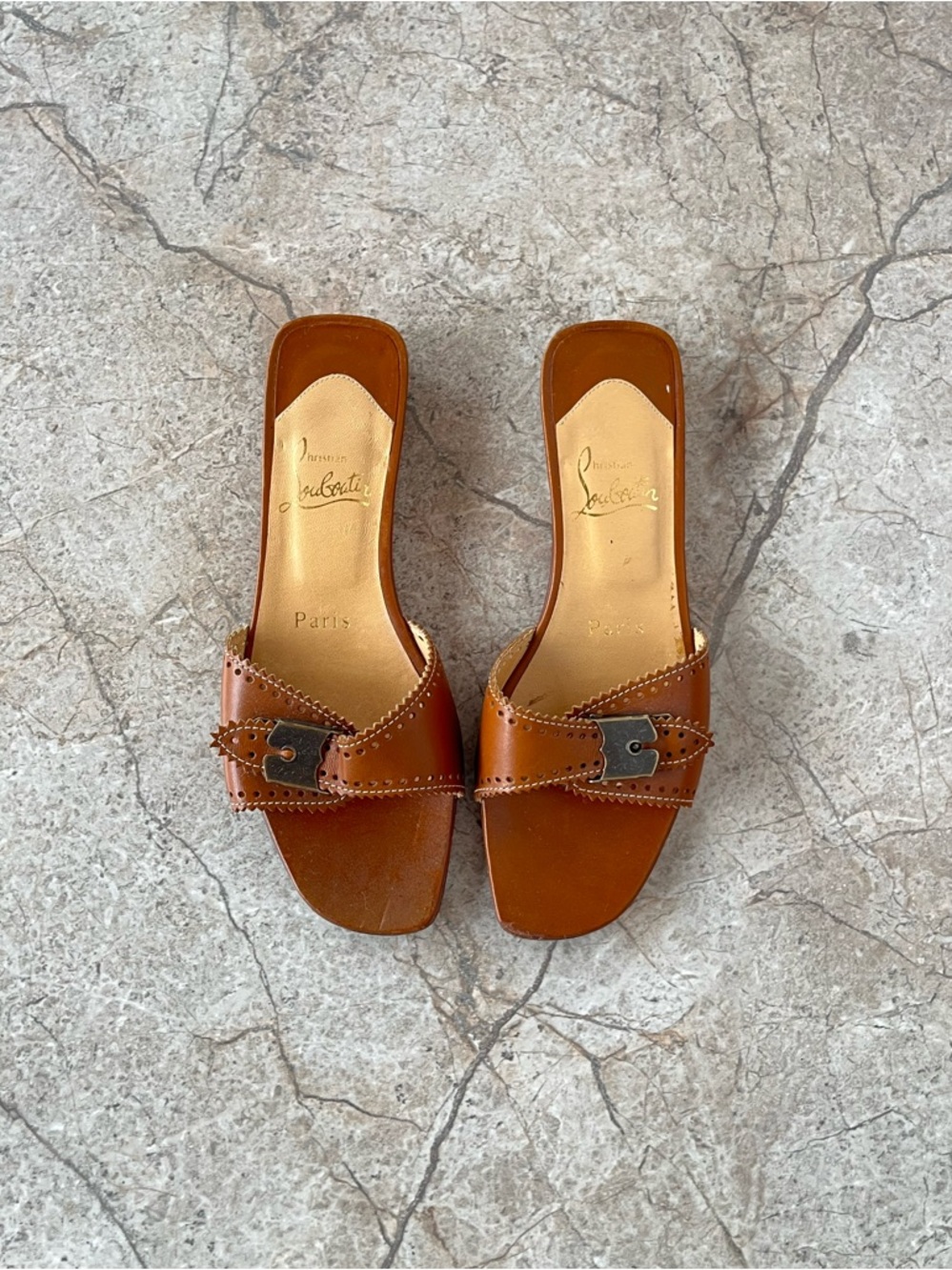 Christian Louboutin Leather Brogue Slides Mules Brown Buckle Sandals - Picture 3 of 10